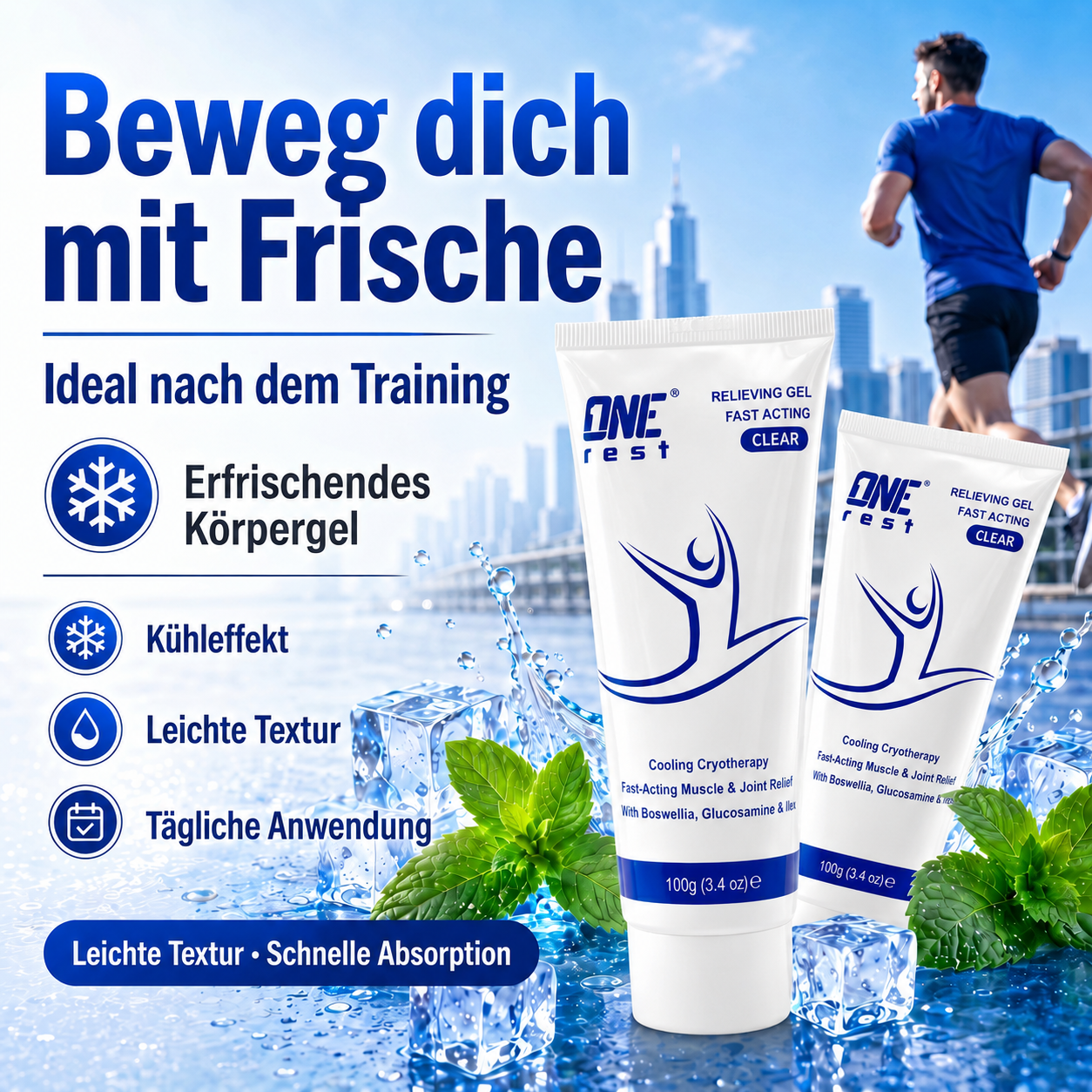 ONE-REST Cooling Relief Gel – Refreshing Muscle & Joint Care with Menthol, Boswellia & Glucosamine
